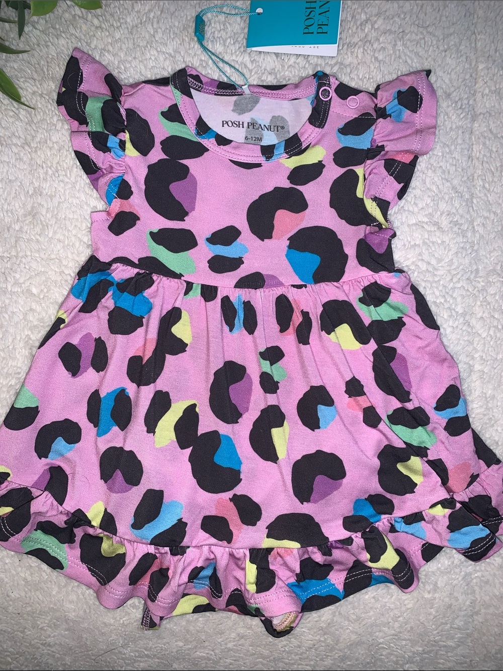 NWT Posh Peanut Electric Leopard Ruffle Bodysuit Dress 6-12M Purple